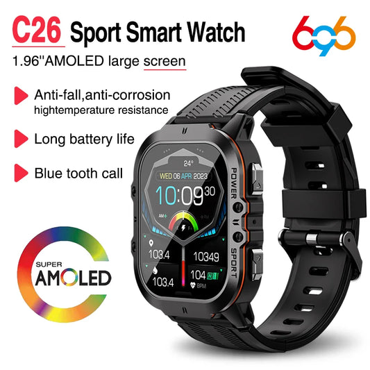 2024 New 1.96" AMOLED Men Outdoor Sports Smart Watch Blue Tooth Call Heart Rate 350Mah 1ATM Waterproof Watches Music Smartwatch