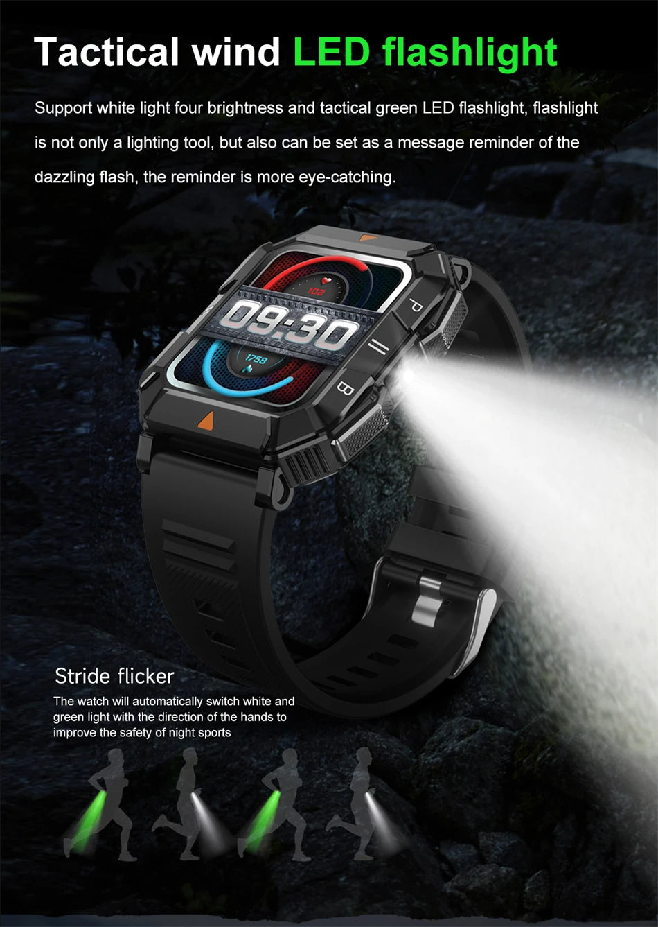 LED Flashlight Smartwatch Men Heart Rate Sleep Monitoring 100+Sport Mode Waterproof Bluetooth Call Military Smart Watch 2024 New