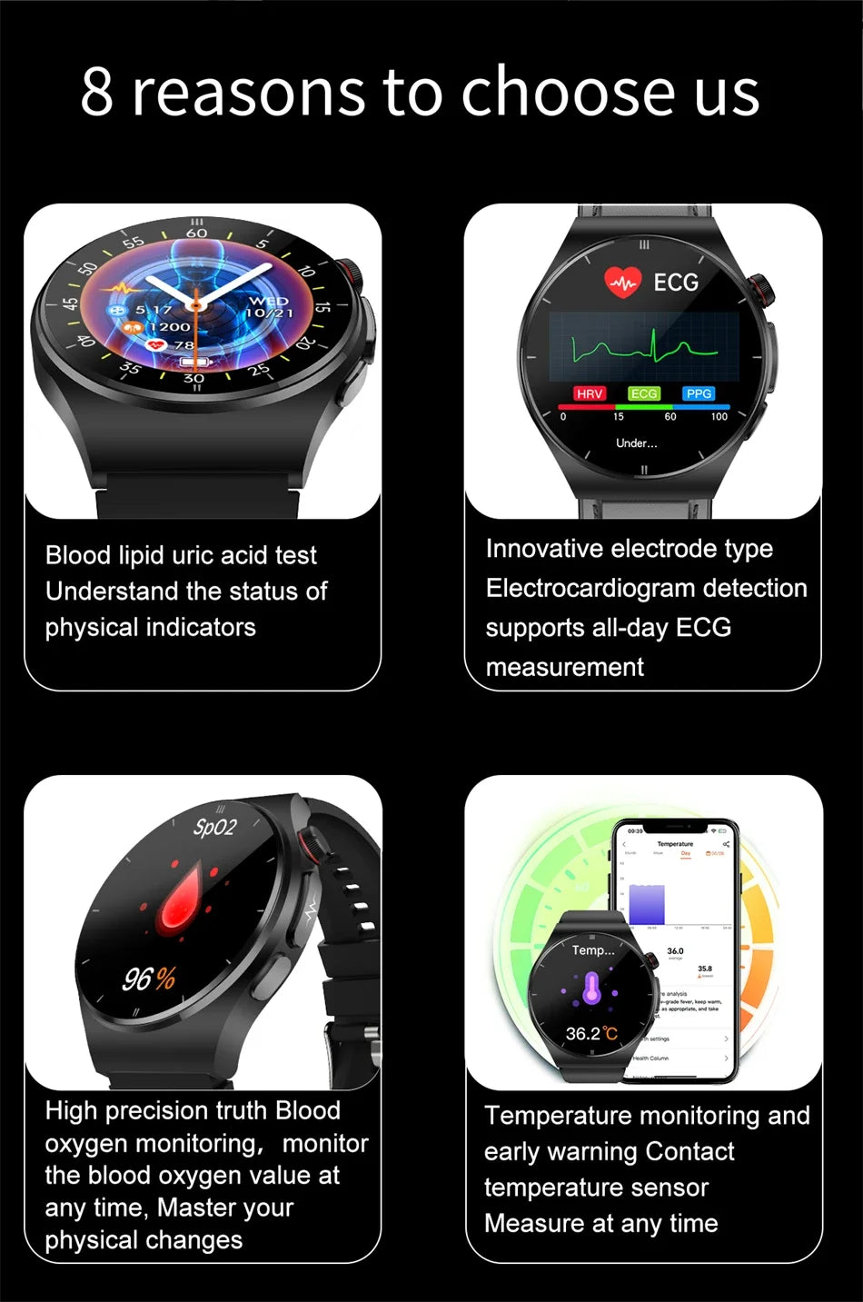 2024 New Uric Acid Smart Watch Men ECG+PPG+HRV Bluetooth Call Blood Sugar Blood Pressure Blood Lipid Health Tracker SmartWatch