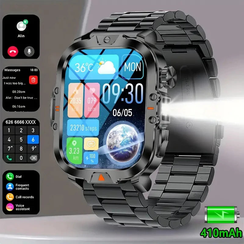 LIGE Military Smart Watch Men's Fitness Watches Waterproof 2.01'' AI Voice Bluetooth Call Flashlight Smartwatch 2024 For Xiaomi