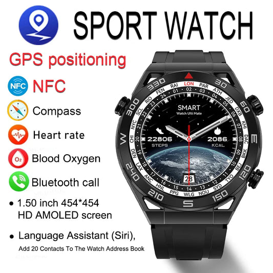 2024 NFC AMOLED Smart Watch Men Custom Dial Answer Call Sport GPS Track Compass IP68 Waterproof Smartwatch For Huawei Ultimate