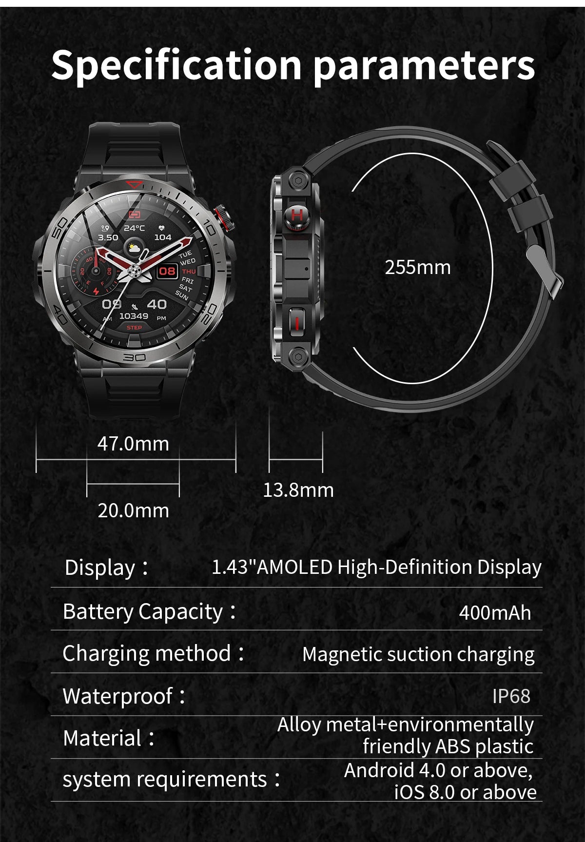 For Xiaomi Huawei smart Watch Bluetooth Call IP68 Waterproof Smartwatch Men 2024 New 1.43 Inch 466*466 HD Display 400Mah Battery