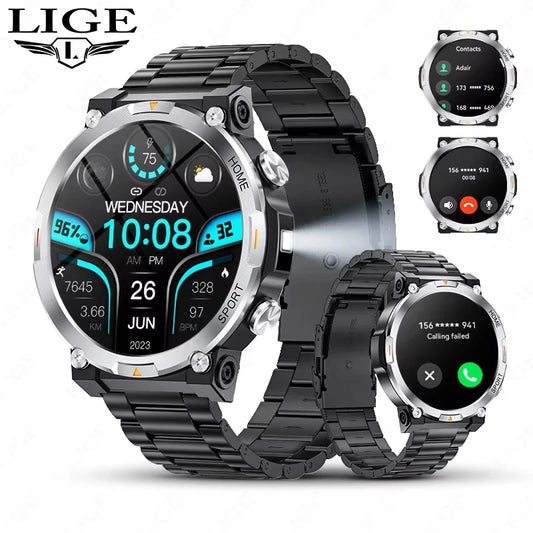 LIGE Smart Watch Men Flashlight Bluetooth Call Sleep Health Monitor Watches Man Sports Waterproof AMOLED Screen Smartwatch 2024