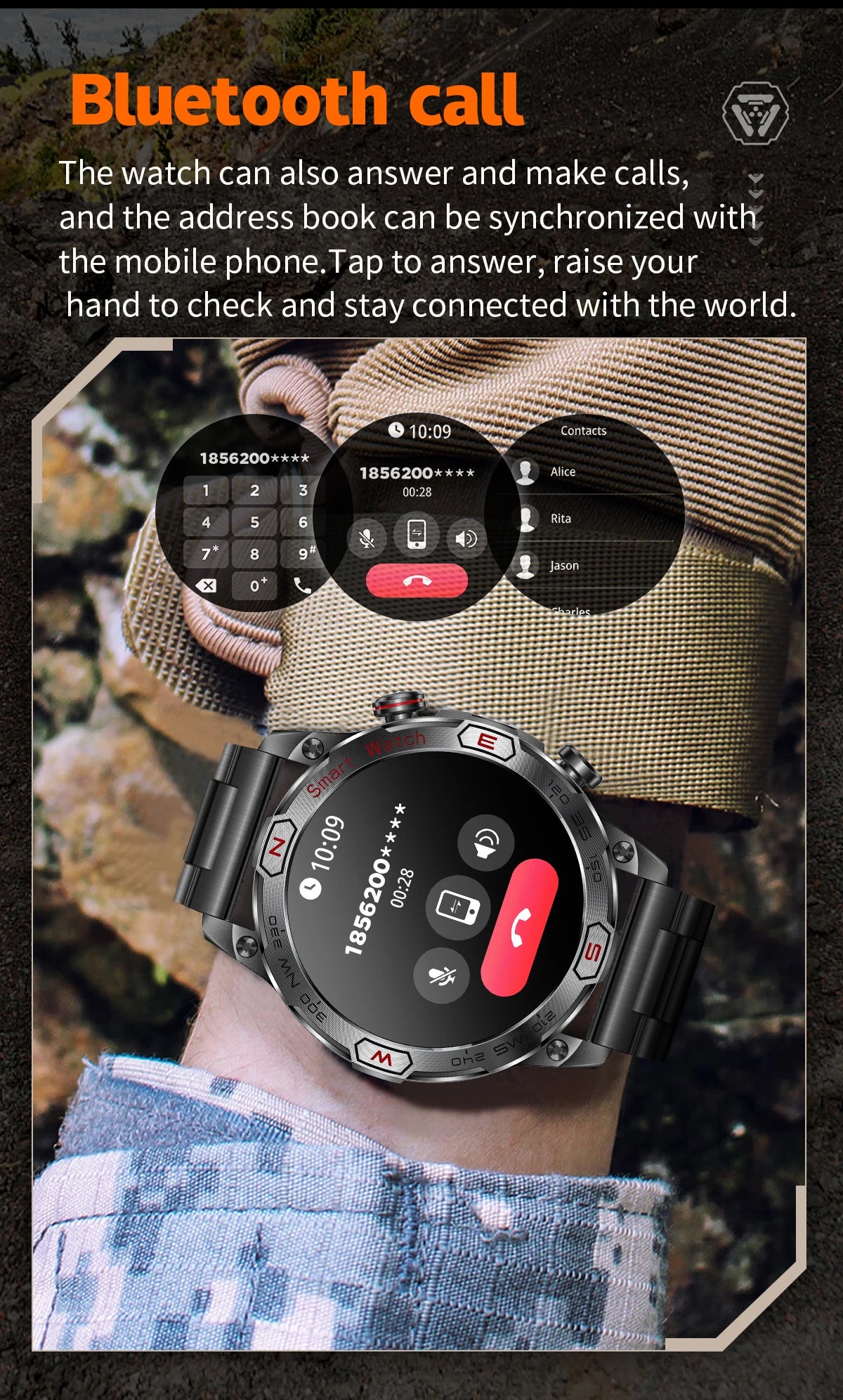 2024 New Smartwatch Men Compass Outdoor Sports Emergency Light Health Monitor 3ATM Waterproof 450 mAh Bluetooth Call Smart Watch