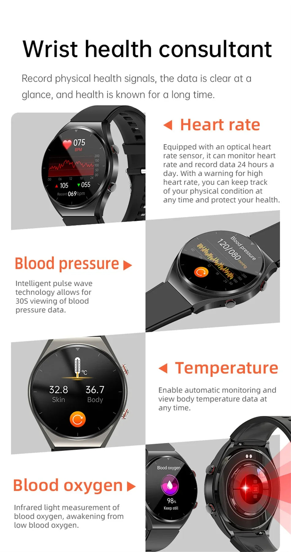 Smart Watch 2024 Bluetooth Call Smartwatch Men Women Blood Sugar Heart Rate Blood Pressure Health IP67 Waterproof Sports Watch