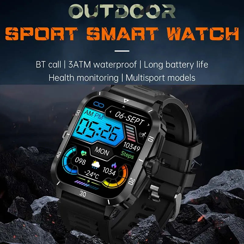 2024 Outdoor Military 3ATM Waterproof Smart Watch Men 430mAh Battery Heart Rate Sports Fitness Watches Bluetooth Call Smartwatch