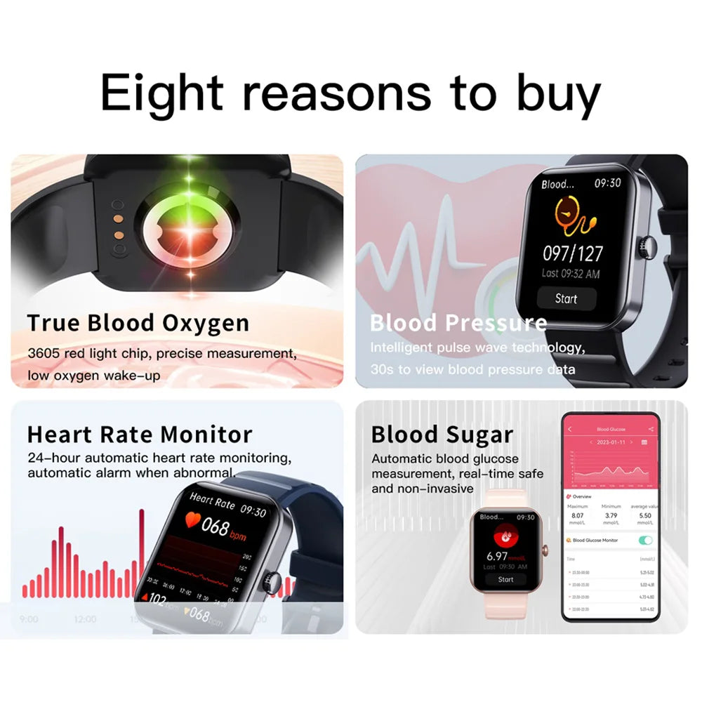 2024 New 1.9" Men Women Blood Glucose Heartrate BLood Oxygen Temperature Monitor Health Smart Watch Sports Waterproof Smartwatch