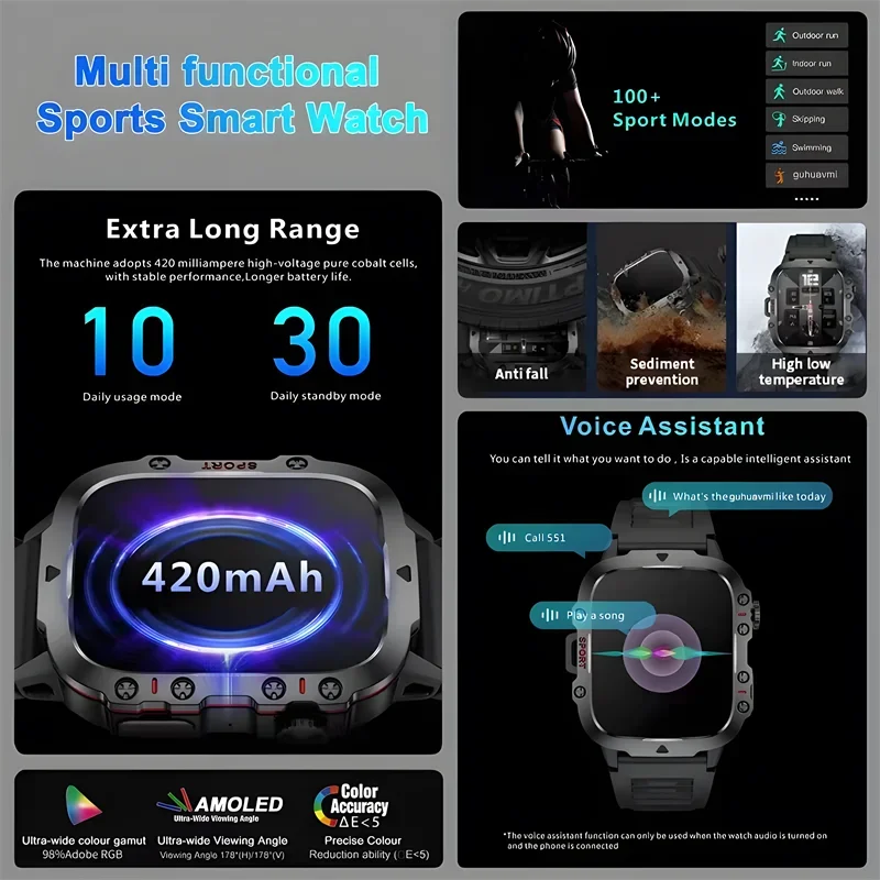 2024 New Rugged Military Smart Watch Men AMOLED HD Screen Heart Rate Bluetooth Call Waterproof Outdoor SmartWatches For Huawei