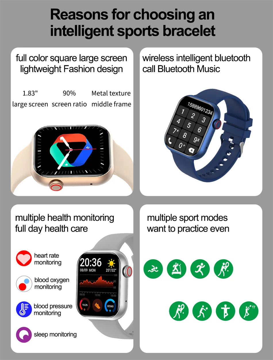 2024 New Smart Watch Men Women 1.83" HD Screen Heart Rate Sport Fitness Bracelet Custom Dial Bluetooth Call Smartwatch Gift