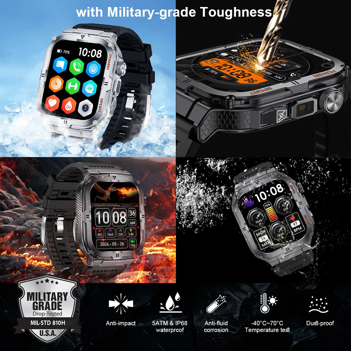 2024 New Outdoor Military Smart Watch Men Bluetooth Call 1.96" Heart Rate Fitness Sports Watches With LED Flashlight Smartwatch