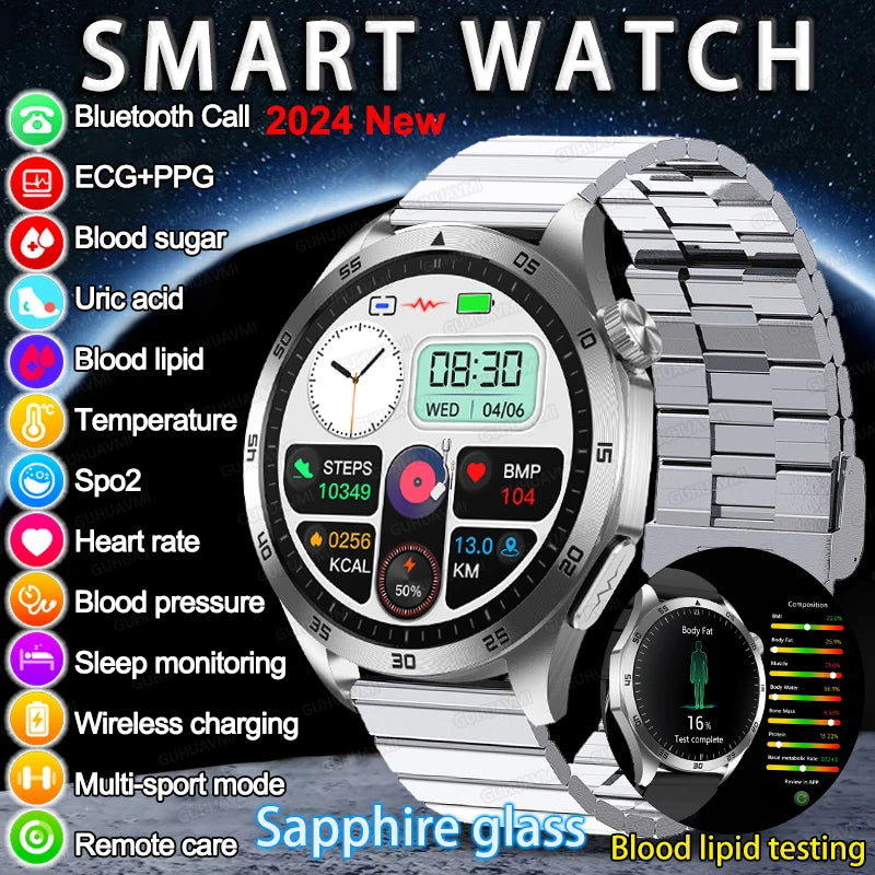 2024 Medical Grade Uric Acid Blood Fat Men Smartwatch ECG Blood Glucose Heart Rate Blood Pressure Health Monitoring Smart Watch