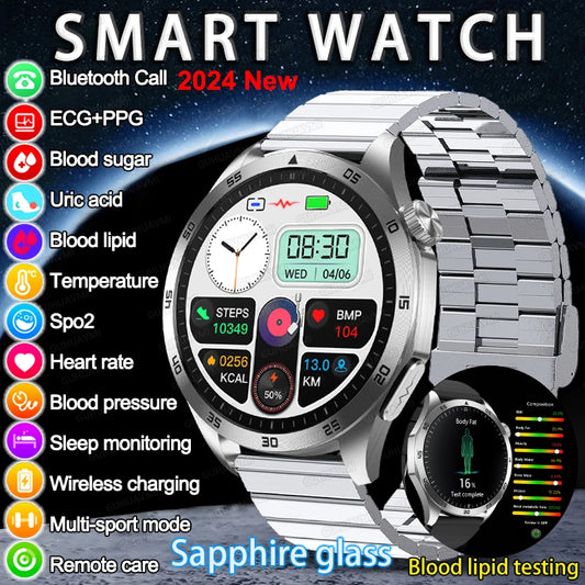 2024 Medical Grade Uric Acid Blood Fat Men Smartwatch ECG Blood Glucose Heart Rate Blood Pressure Health Monitoring Smart Watch