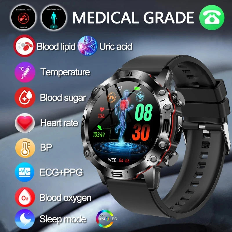 For HuaWei 2024 New Blood Glucose Lipids Monitor Health Smart Watch Men ECG+PPG Blood Pressure IP68 Waterproof Sport SmartWatch