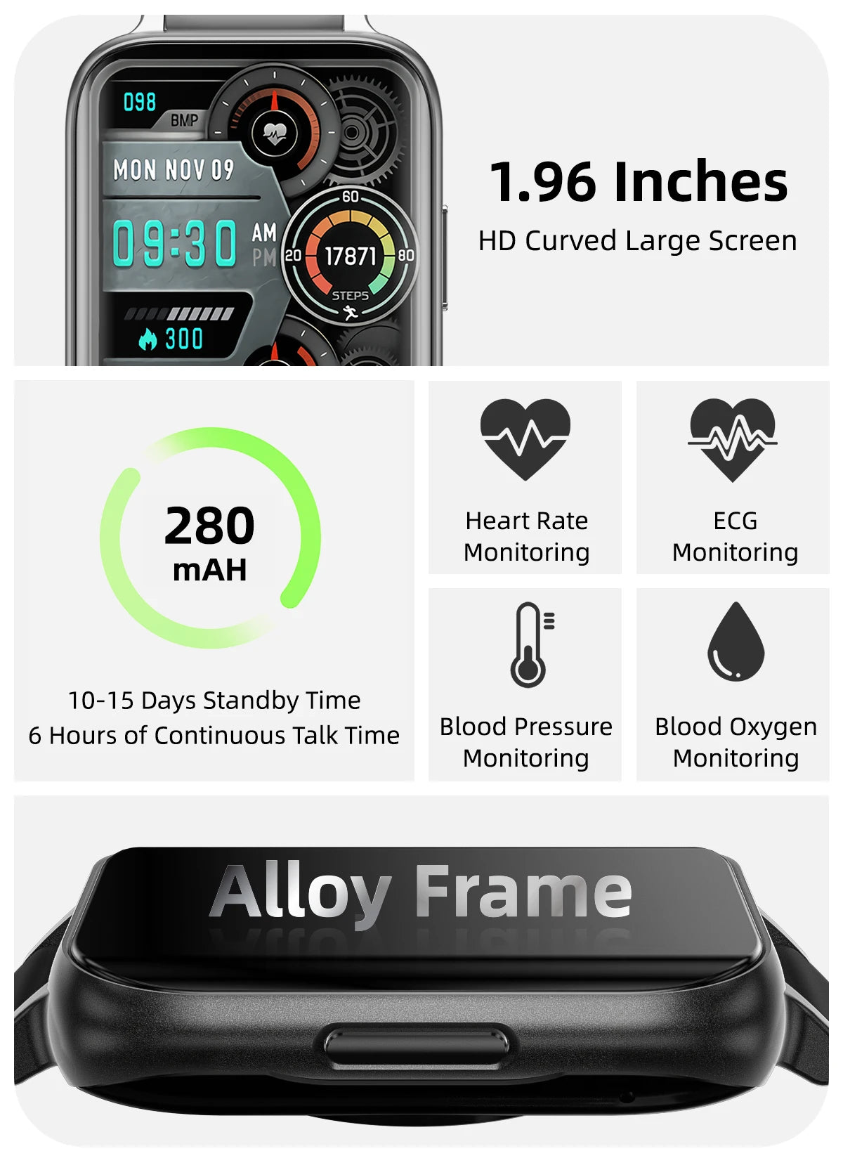 ZORDAI OD1 SmartWatch 1.96“HD Curved Screen Color Display Bluetooth Call Health and Fitness Tracking Smart Watch for Men Women