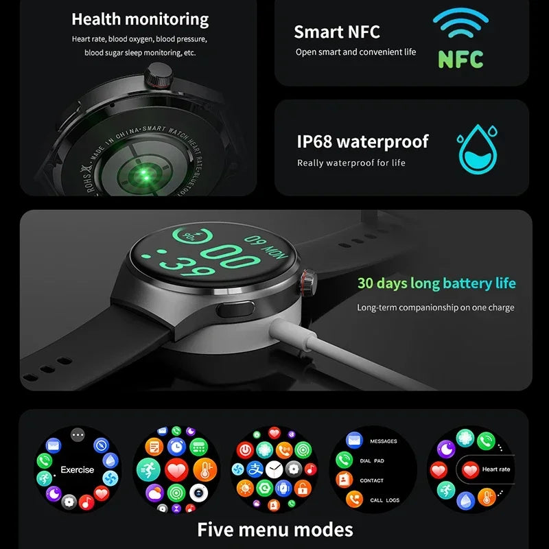 2024 NFC Man Smart Watch GPS Motion Track Blood Sugar Monitoring Watches For Men Sport IP68 Waterproof Bluetooth Call Smartwatch