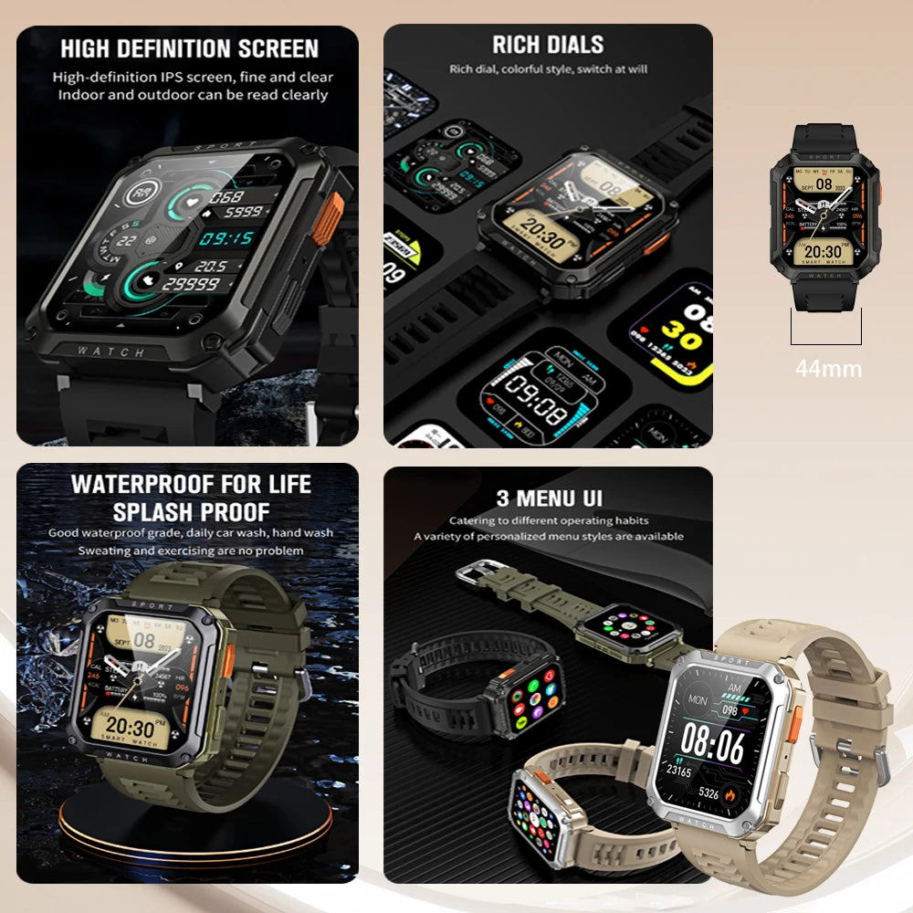 2024 Military Rugged Smartwatch Men Outdoor IP67 Waterproof Heart Rate Blood Oxygen Monitoring Custom Dials Sports Wrist Watches