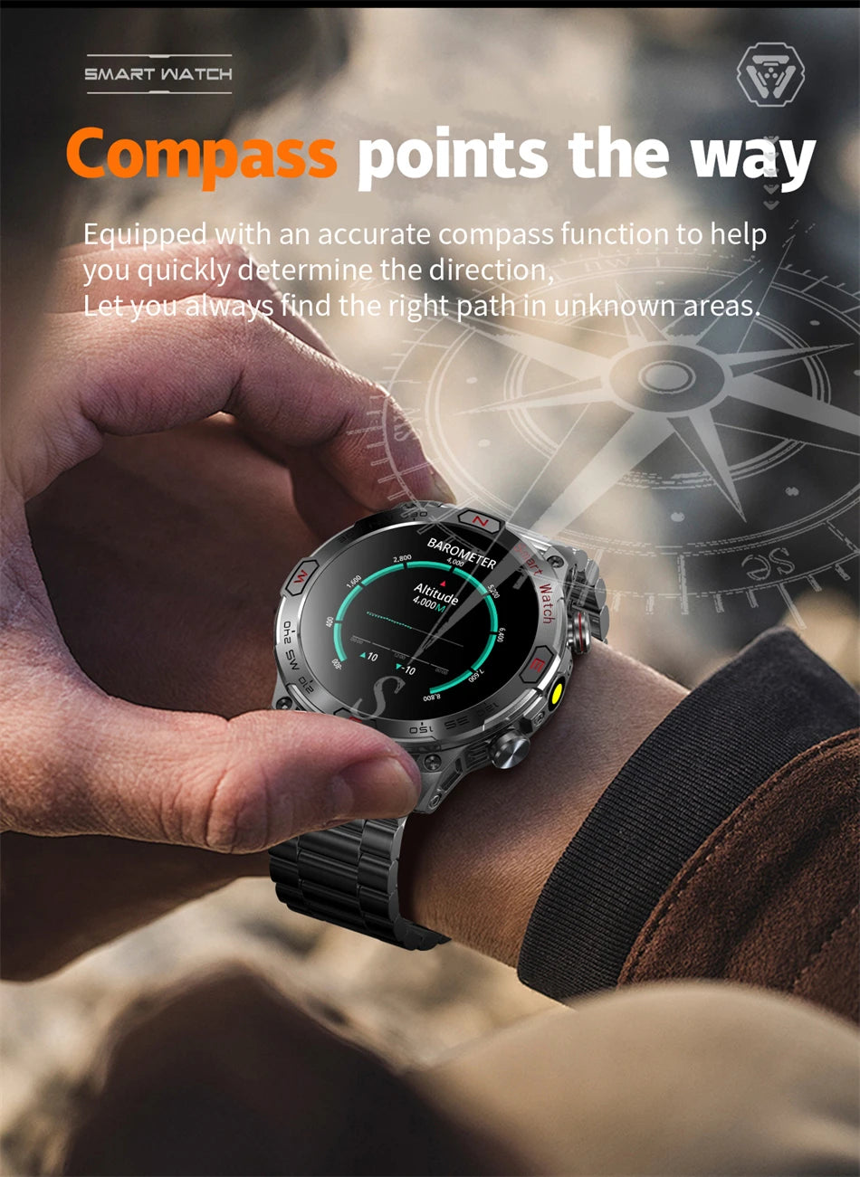 Compass Outdoor Sports SmartWatch Men 450mAh Battery 1ATM Waterproof Bluetooth Call Military Sports Fitness Smart Watch 2024 New