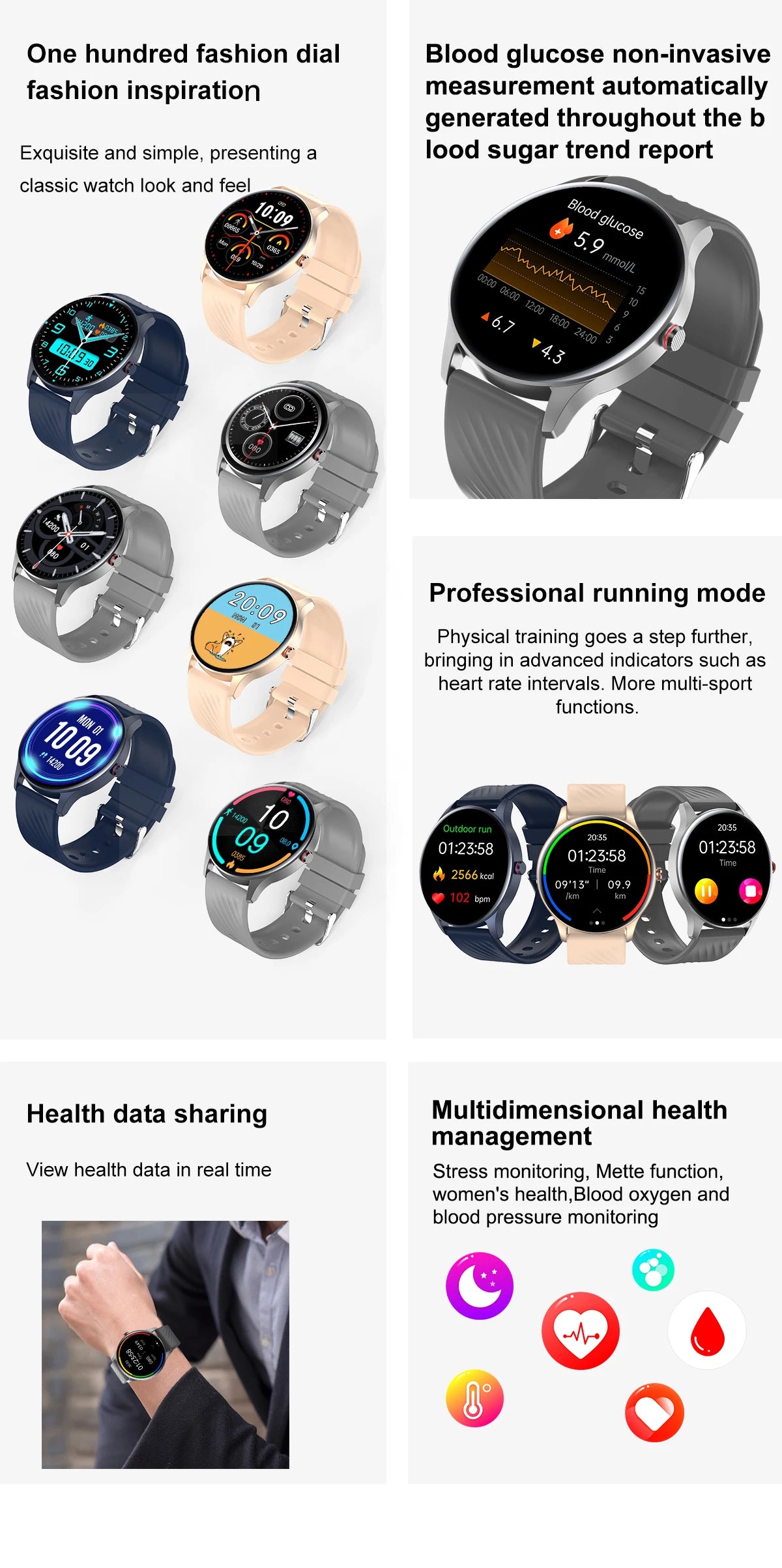 2024 New Noninvasive Blood Sugar Smart Watch Men ECG PPG Body Pressure Healthy Waterproof Smartwatch 466*466 AMOLED Men Watches