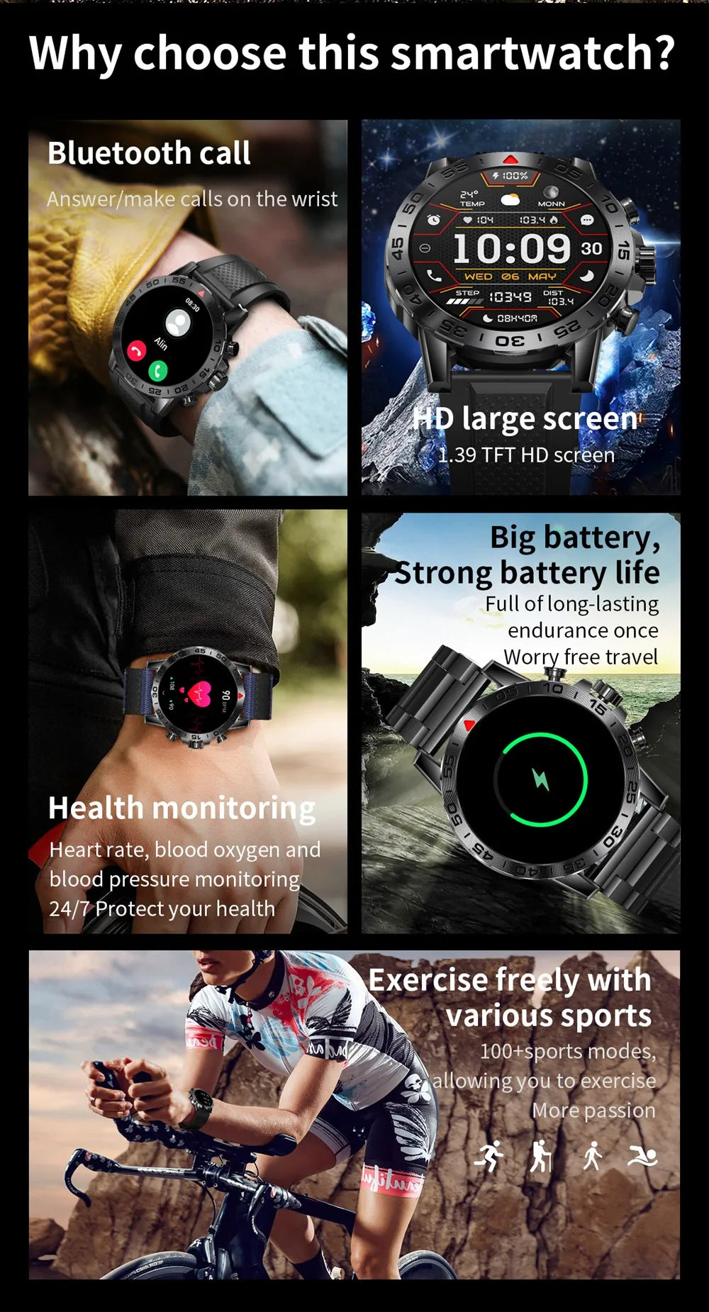 2024 Outdoor Smartwatch Remote Camera Control Sports Bt Call Multi-Sport Mode Rugged Military Smart Watch For Men