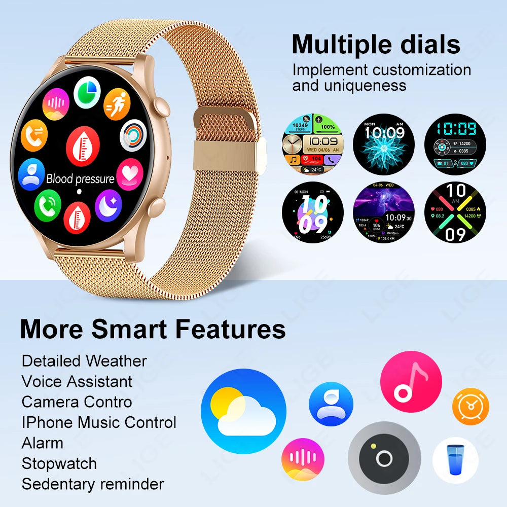 LIGE 2024 Bluetooth Call Smartwatch 1.43'' AMOLED HD Screen Smart Watch for Women Ladies Wristwatch Men Smart Watches, Free Ship