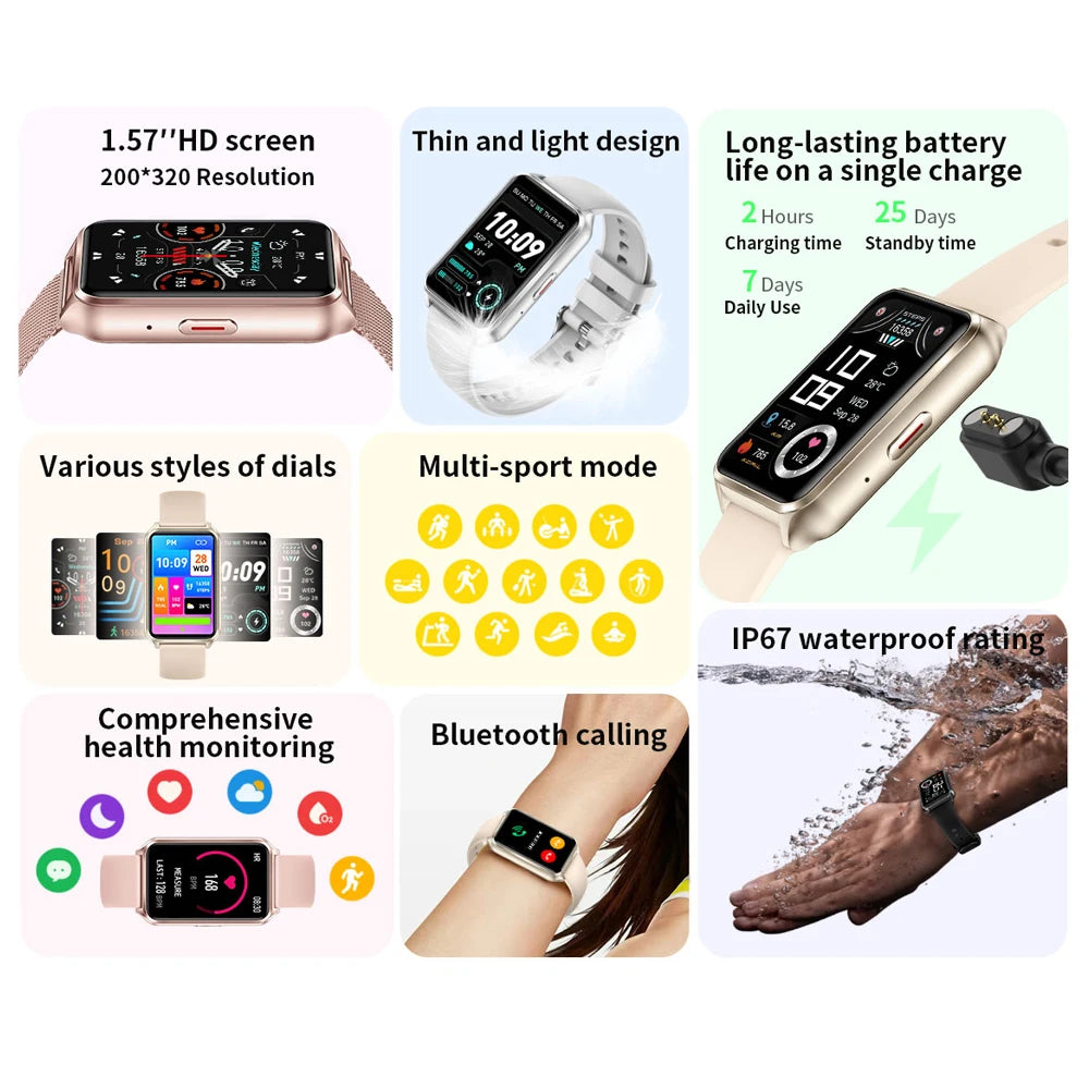 2024 New 1.57 Inch Smartwatch Women Waterproof Sports Bracelet Health Monitoring Bluetooth Call Smart Watch Men Women For Xiaomi