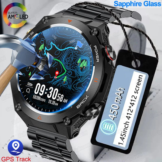 2024 GPS Smart Watch Men 1.45" Ultra HD Display Compass Altitude Sports Bluetooth Call 1ATM waterproof 650mAh Battery Smartwatch