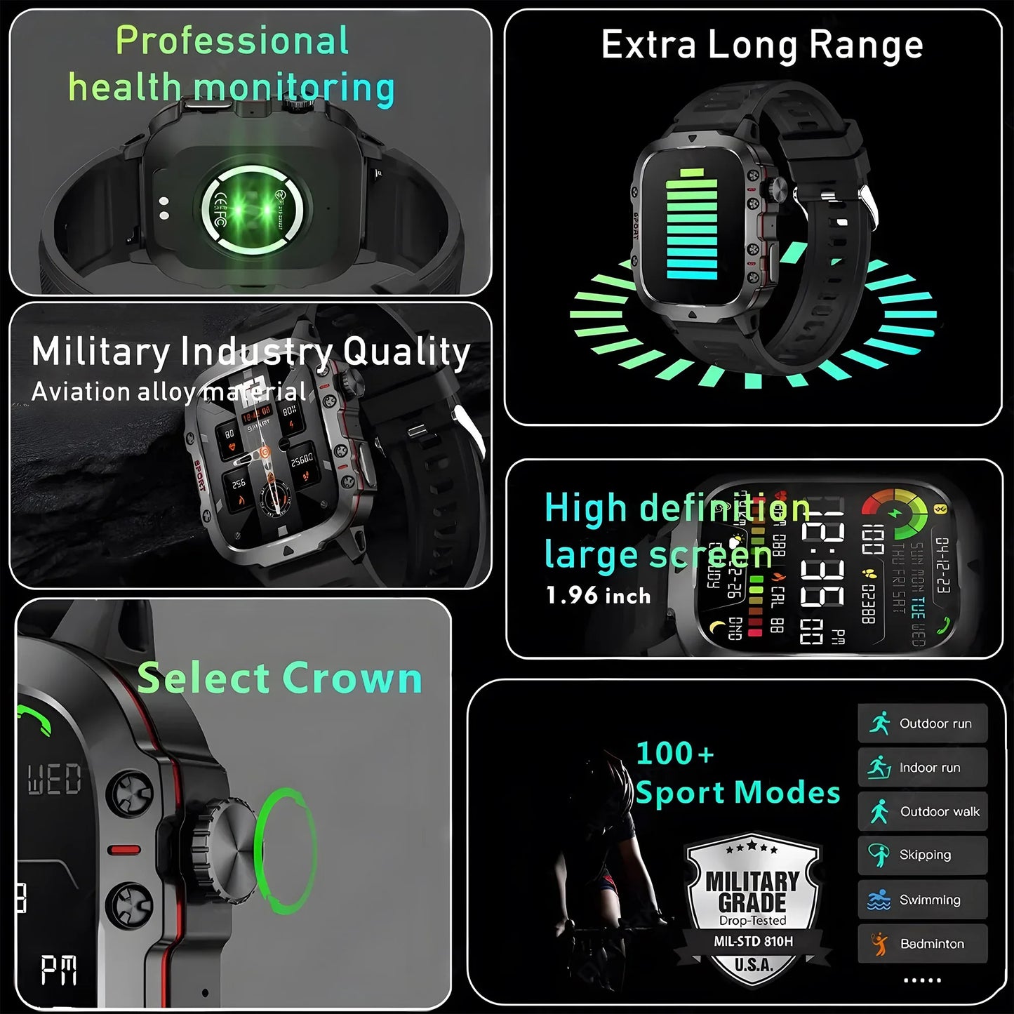 2024 New Rugged Military Smartwatch Men 3ATM Waterproof Sports Artificial Intelligence Voice Smart Watch Outdoor for Android Ios