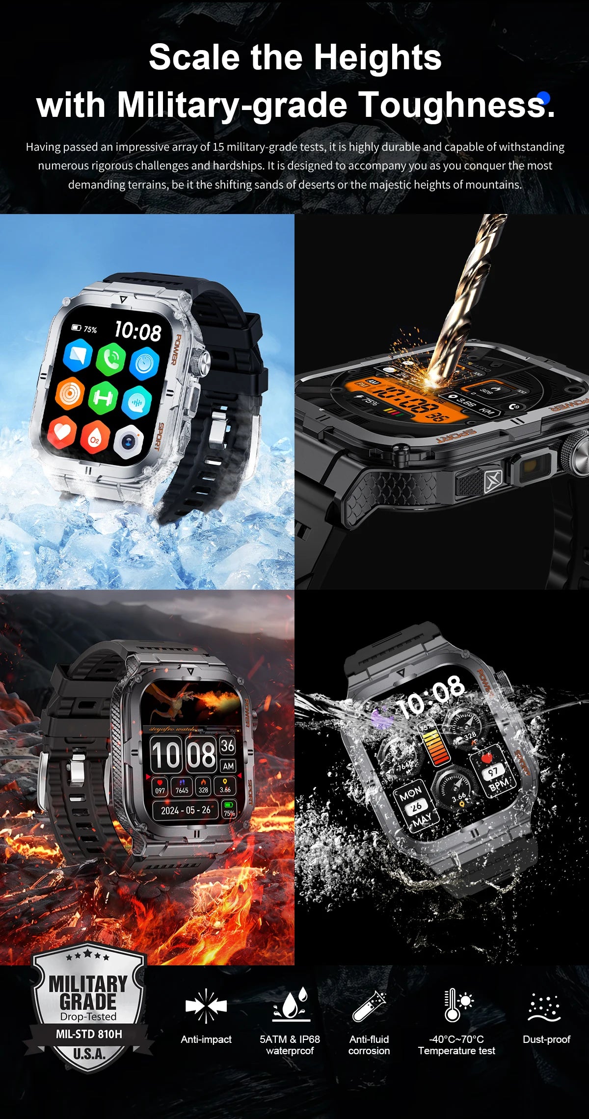 2024 New 1.95 Outdoor Military Man Smart Watch Men Bluetooth Call Smartwatch Men For Android IOS IP68 Waterproof Ftiness Watches