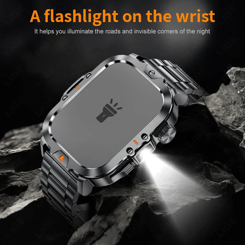 LIGE Smart Watch Men 2.01'' HD Display LED Flashlight Bluetooth Call Heart Rate Health Monitor Waterproof Rugged Smartwatch 2024