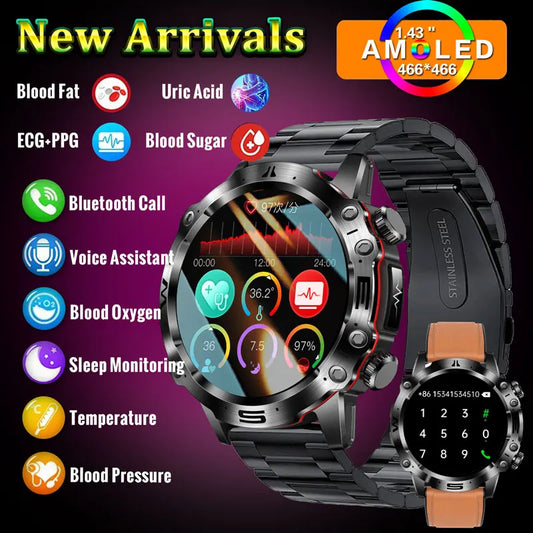 2024 New Smart Watch for Men ECG Blood Glucose Health Watches Uric Acid Fitness Tracker Amoled Clock Bluetooth Call Smartwatch