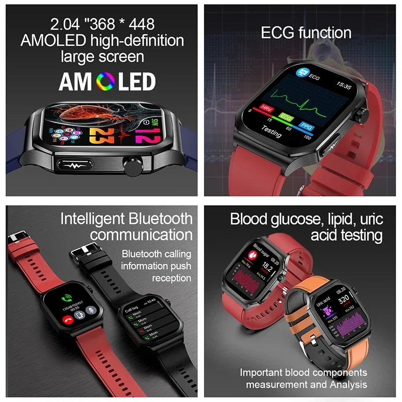 2024 Blood Glucose Uric Acid Blood Lipid Smart Watch AI Diagnostics ECG+PPG Smartwatch Men AMOLED HD Screen Clock Bluetooth Call