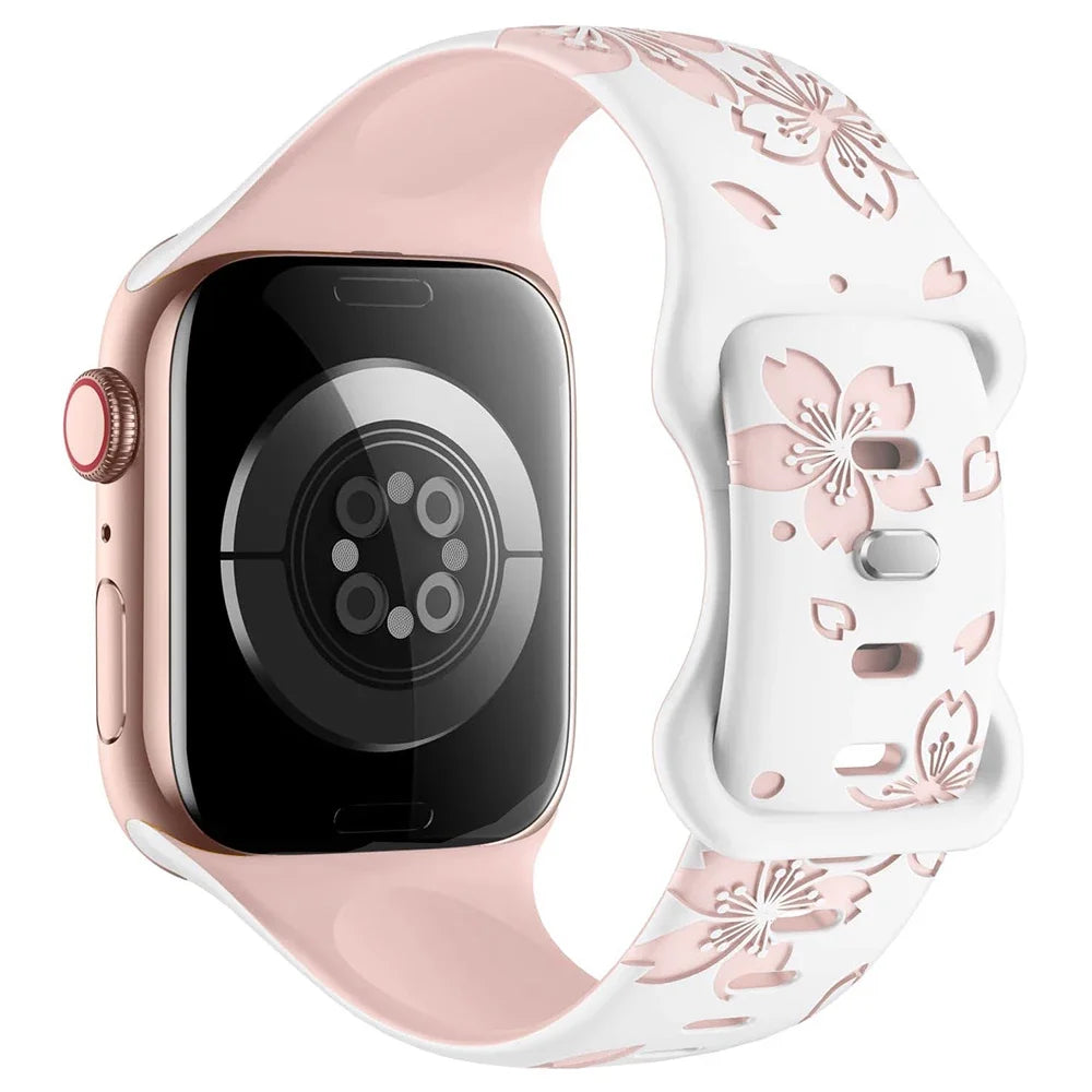 Silicone Band for Apple Watch Series 9 8 7 41mm 45mm Ultra 2 49mm Two-Tone Engraved Floral Strap for iWatch 6 5 4 Se 40 42 44 mm