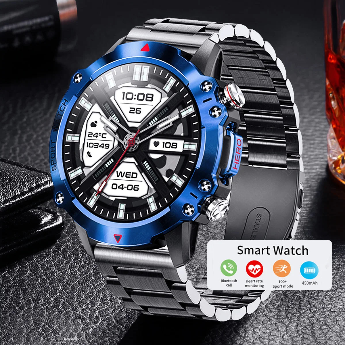 2024  AMOLED HD Screen Watch Bluetooth Call Smartwatch Waterproof Outdoor Sports Tracker 450 mA Battery fashion Men Smart Watch