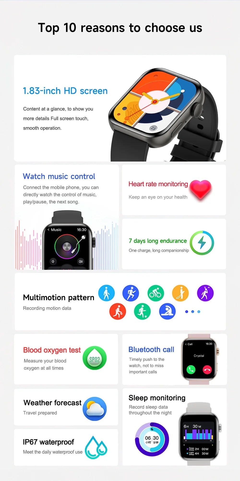 Smartwatch 1.83 Inch HD Screen IP67 Waterproof Heart Rate Monitoring Men Woman Smart Watch 2024