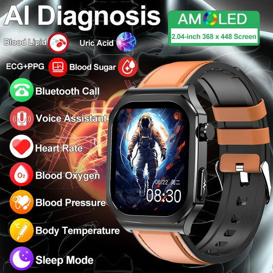 2024 Blood Glucose Uric Acid Blood Lipid Smart Watch AI Diagnostics ECG+PPG Smartwatch Men AMOLED HD Screen Clock Bluetooth Call