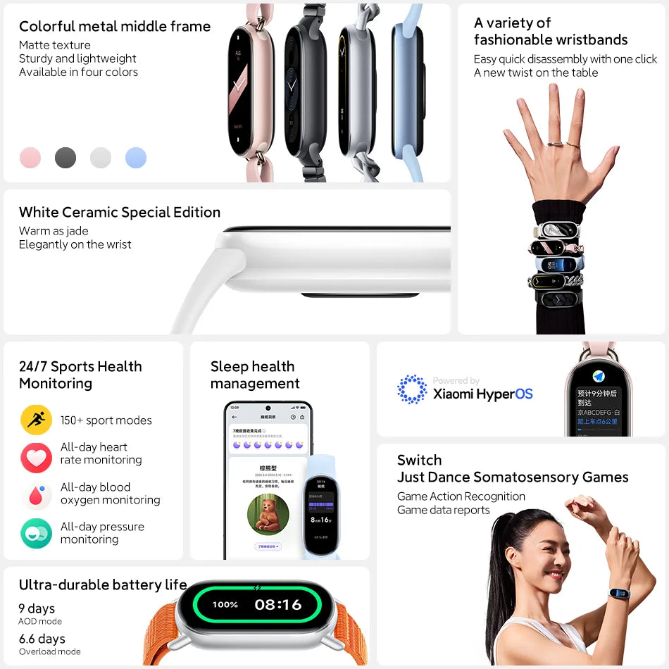 Global Version Xiaomi Smart Band 9 Mi Bracelet 8 Color AMOLED 1.62'' Screen Blood Oxygen Bluetooth 5.4 Miband Wrist Sport Watch