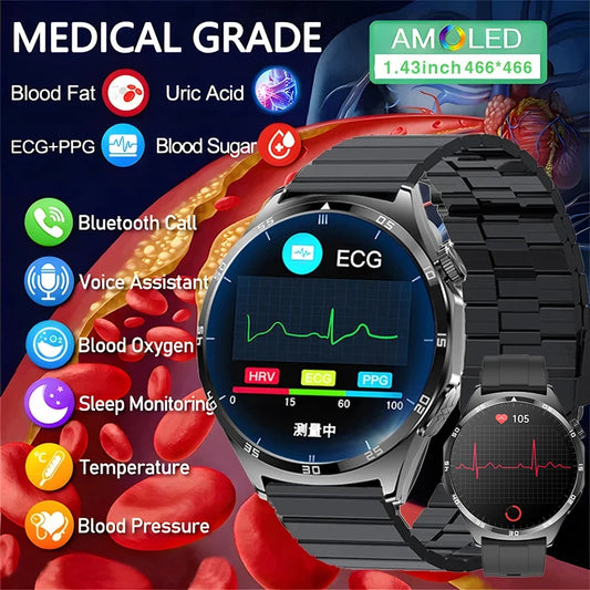 2024 New Medical Grade Smart Watch Men Laser Treatment Blood Sugar ECG+PPG+HRV Body Temperature Bluetooth Call Health smartwatch