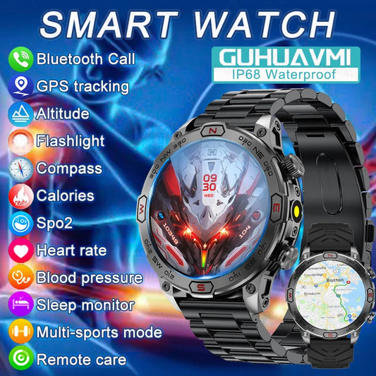 For HUAWEI Xiaomi 1.43" Flashlight Bluetooth Call Smart Watch Men GPS Sport Track Blood Pressure IP68 Waterproof Smartwatch 2024