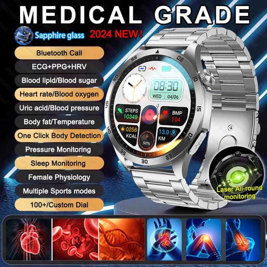 2024 New Micro Physical Examination Uric Acid Blood Fat Blood Glucose Smart Watch Men ECG+PPG Clock Bluetooth Call Smartwatches