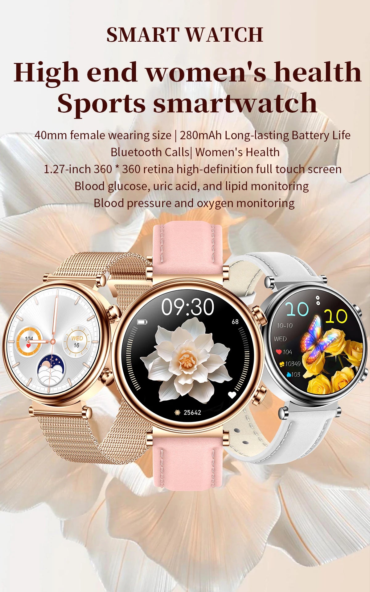 2024 Fashion Smart Watch for Women Lady Health Monitoring 1.27inch Screen IP68 Waterproof BT Calling Diamond Fashion Smartwatch