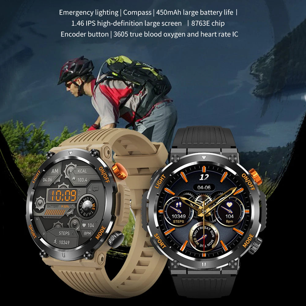 Rugged Military Smart Watch Men 1.46 inch with Flashlight Fitness GPS Sports Watch Heart Rate Bluetooth Call Smartwatch 2024 New