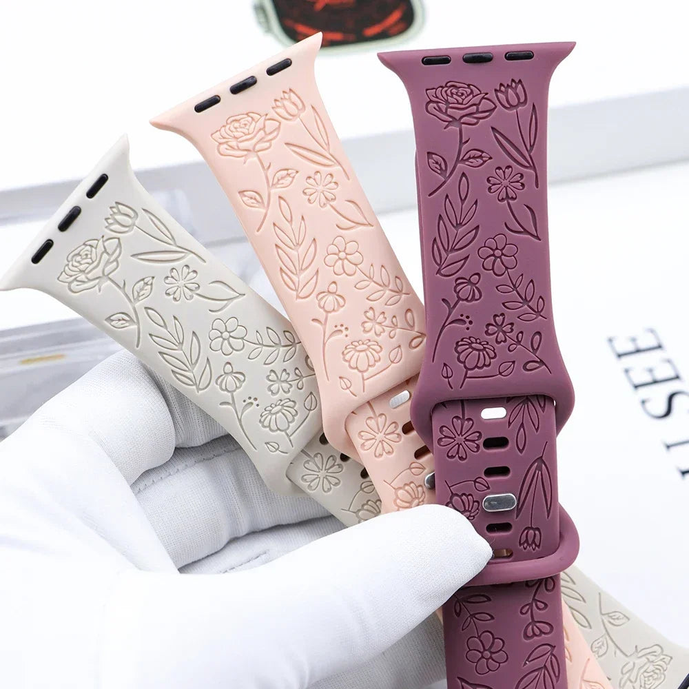 Fashion Engraved Strap for Apple Watch Ultra 2 Band 49mm 45mm 44mm 40 41mm Floral Silicone Bracelet IWatch Series 9/8/7/6/5/4/se