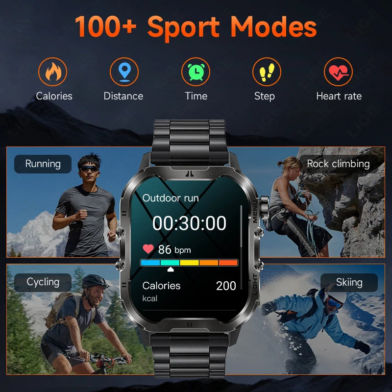 LIGE 2024 Smart Watch Men 1.96"  Waterproof Outdoor Sports Watches Thermometer Health Monitoring BT Call Smartwatch For Xiaomi