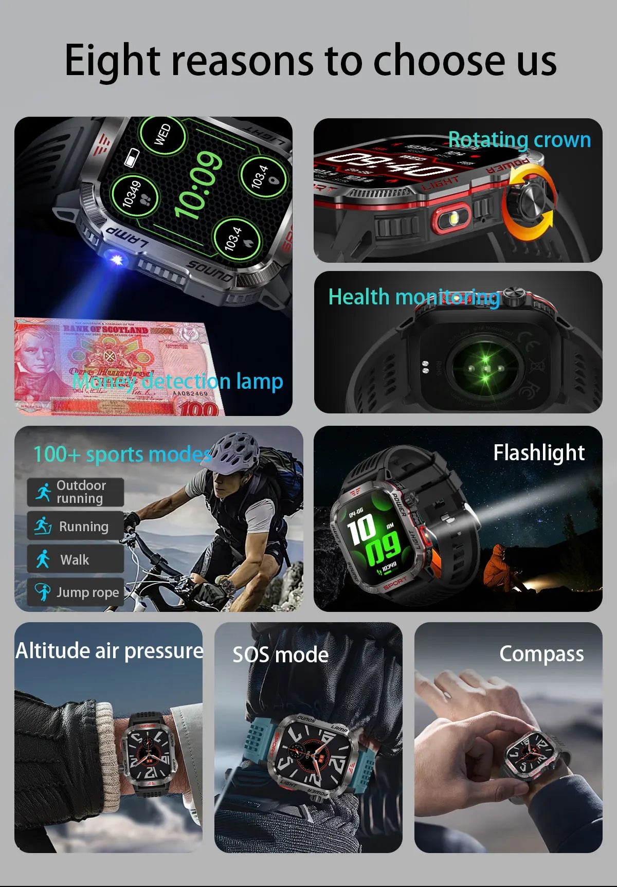 Military Sports GPS Smartwatch Men Flashlight Compass Altitude Pressure Fitness 3ATM Waterproof Bluetooth Call Smart Watch 2024