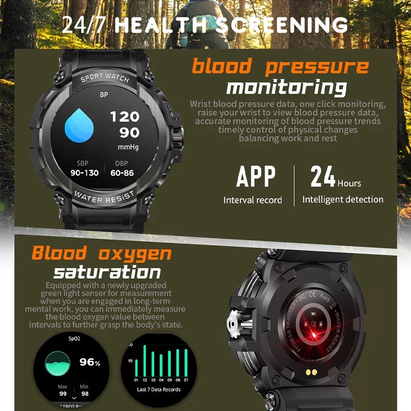 2024 New Durable Military Smartwatch Heart Rate Monitor 600mAh Battery Bluetooth Call Men Outdoor Smart Watch for Xiaomi Android