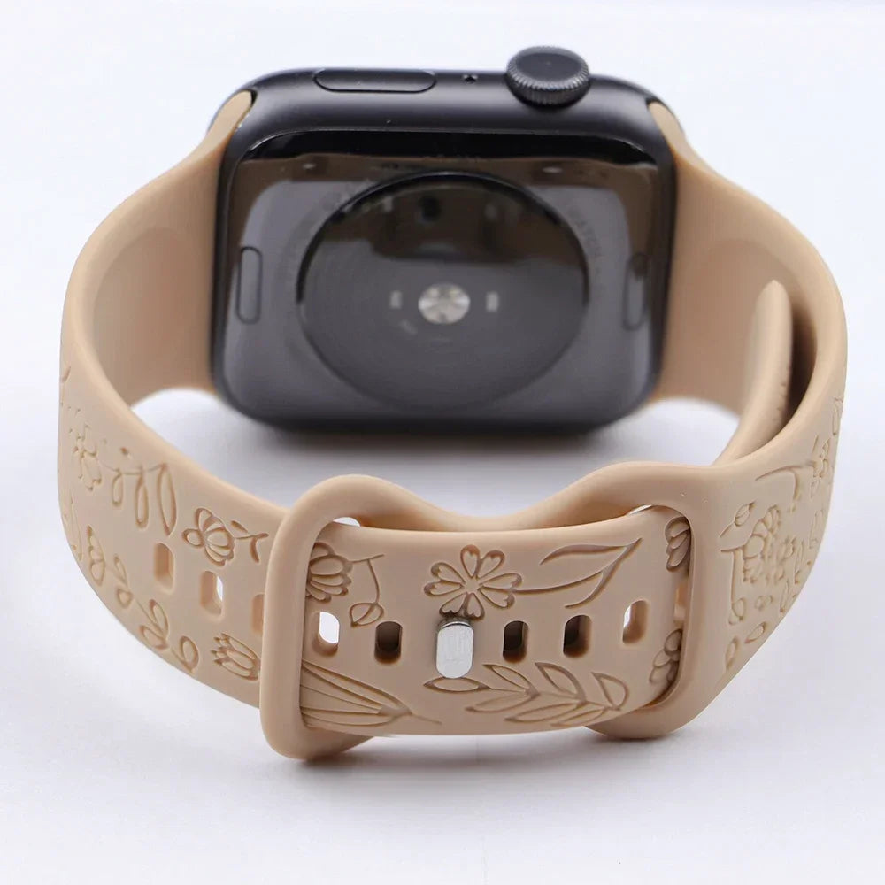 Fashion Engraved Strap for Apple Watch Ultra 2 Band 49mm 45mm 44mm 40 41mm Floral Silicone Bracelet IWatch Series 9/8/7/6/5/4/se