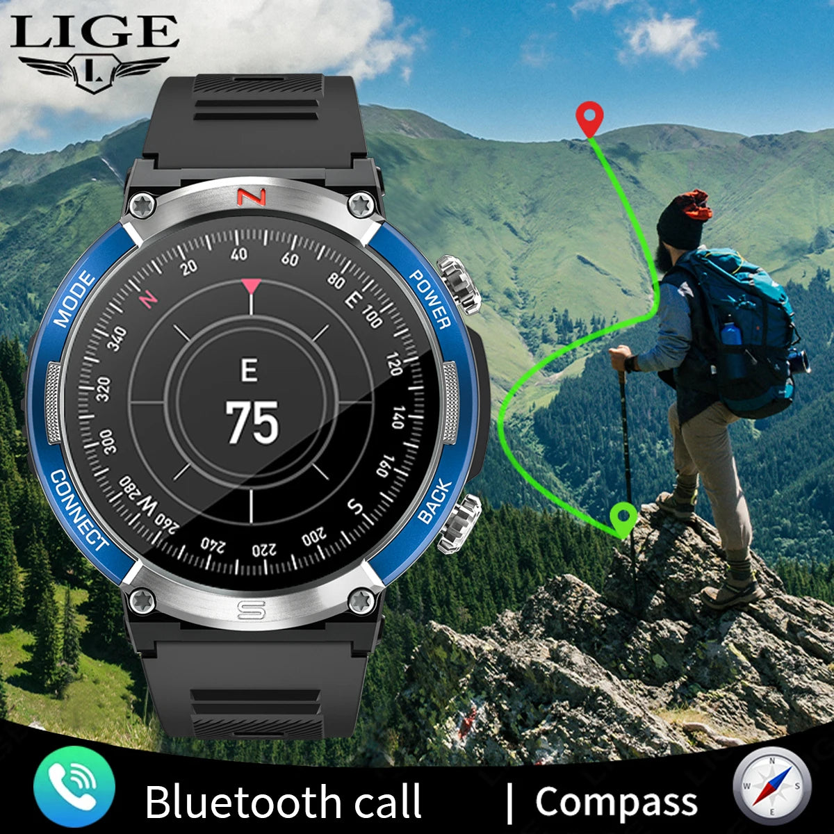 LIGE 2024 Compass Outdoor Sports Military Smart Watches IP68 Waterproof Bluetooth Call Men Smartwatch Health Monitoring Bracelet