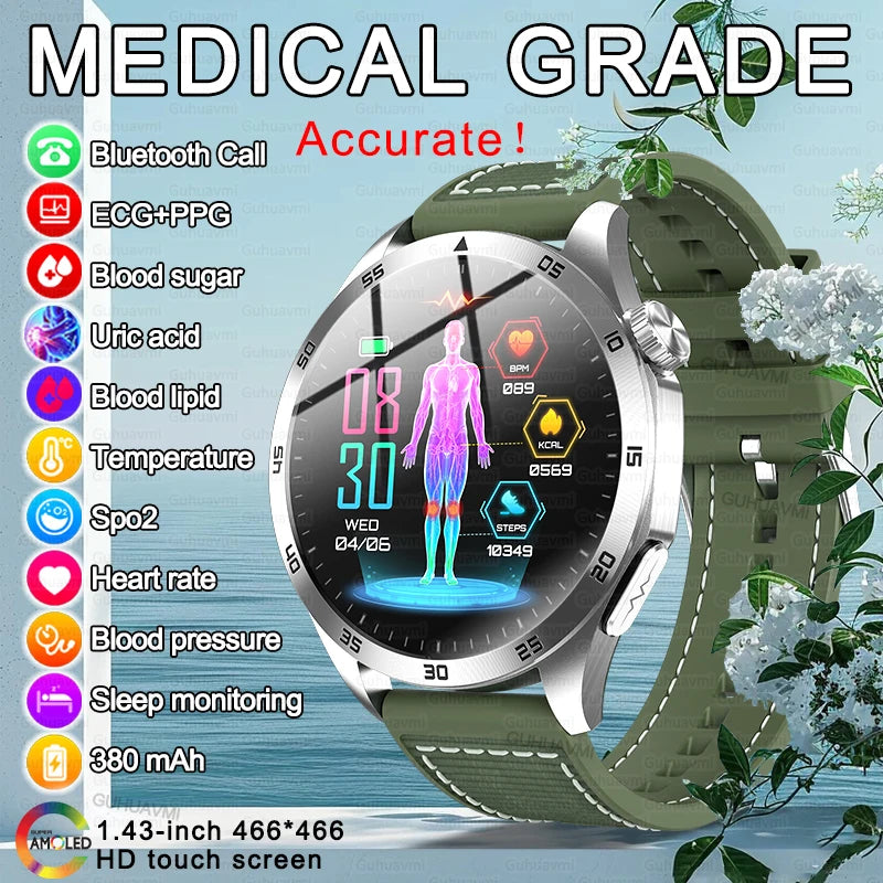 2024 New Micro Physical Examination Blood Lipids Uric Acid Blood Glucose Smart Watch ECG+PPG Clock Bluetooth Call Smartwatch Men