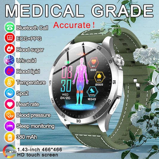 2024 New Micro Physical Examination Blood Lipids Uric Acid Blood Glucose Smart Watch ECG+PPG Clock Bluetooth Call Smartwatch Men