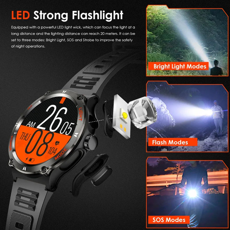 2024﻿ New For Xiaomi Military grade Outdoors Smart Watch Men LED Light Compass 3ATM Waterproof Bluetooth Call Fitness Smartwatch